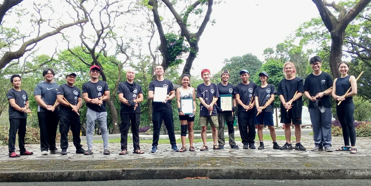 Group picture with newly promoted members. L-R: Jerico Lagdaméo, Joaquin Saavedra, Glenn Reyes, Senior Master Buboy Ador, Guro Alvin Penaflor, Dan Wong, Chai Fonacier, NB, Josh Balburias, Gavin Reyes, Kon Caturay, Ronan Padilla, Marione De Guzman, Regina De Vera