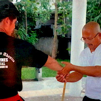 Master Cris demonstrating empty hand defense against stick with Guro Totong.